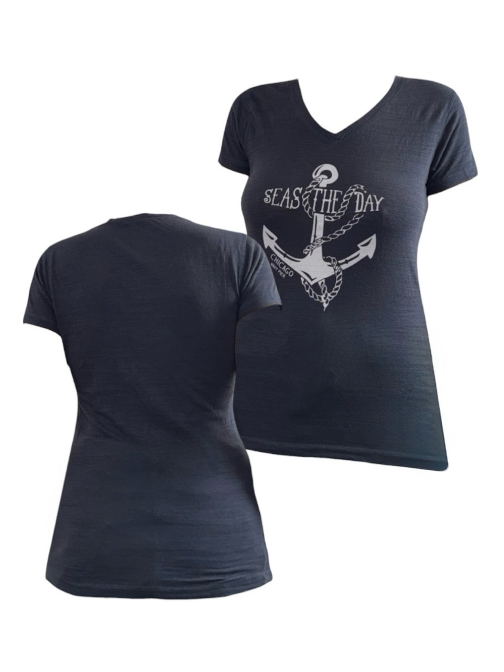 Sea The Day Anchor Graphic V-Neck Tee - Navy